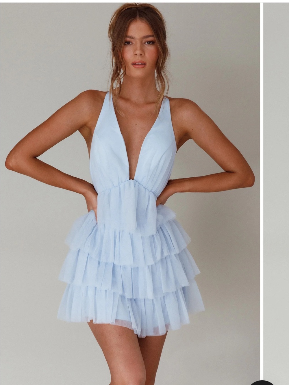 Selfie Leslie Auguste Tiered Frill Mini Dress Sky Blue